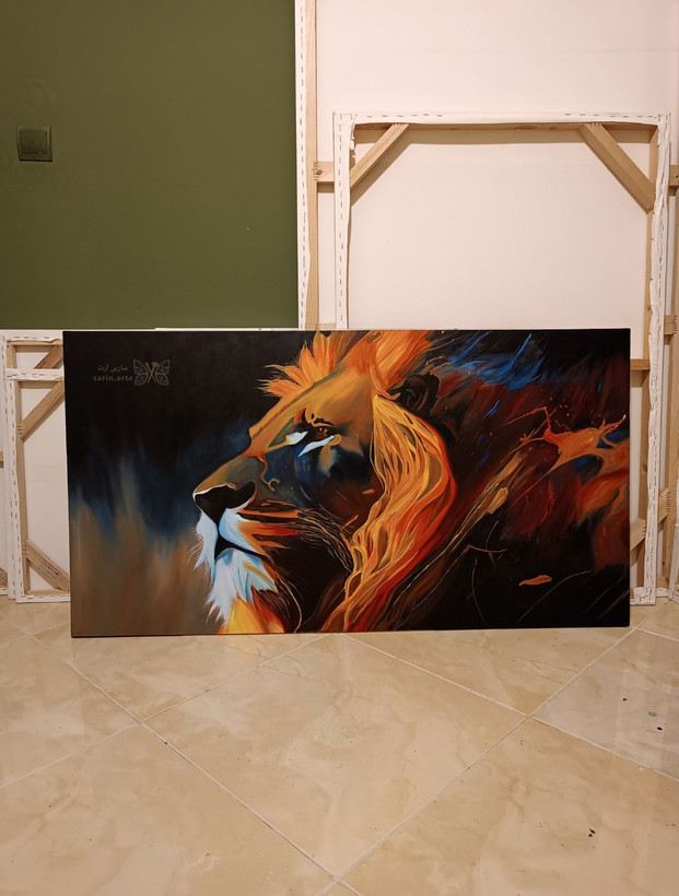 تابلو نقاشی شیر ابعاد ۶۰ در ۱۱۰ تمام کار دست